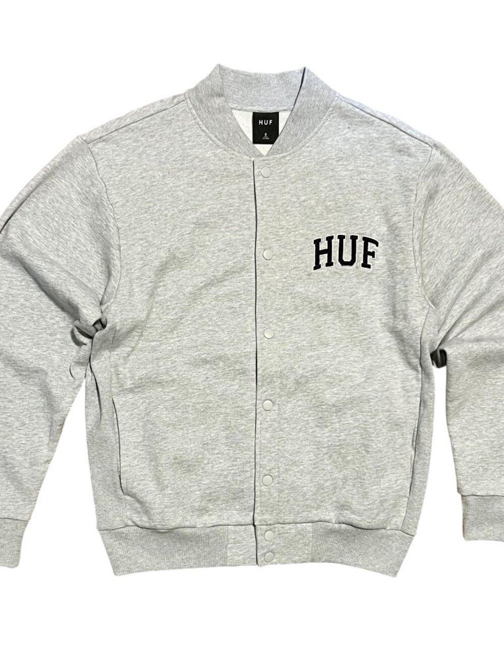 HUF Y2K Gray Snap Button Up Streetwear Skate Varsity Jacket, Men's Small